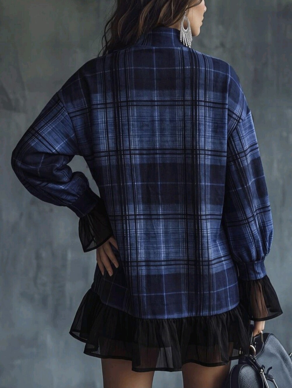 Women's Casual Mini Dress Plaid Dress Vintage Romantic - Picture 2 of 8